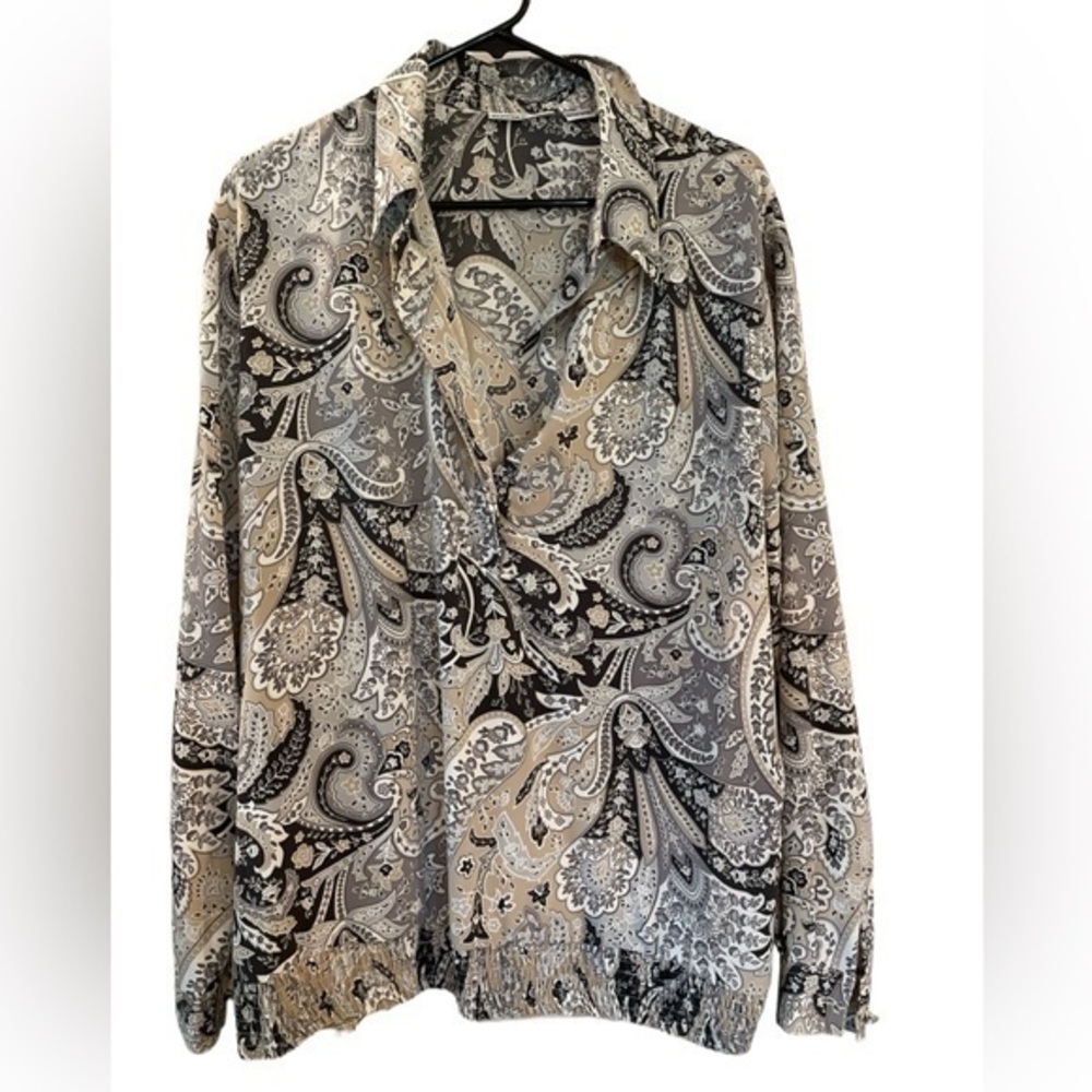 Alfred Dunner tan and black crisp paisley print button down casual top size 22W